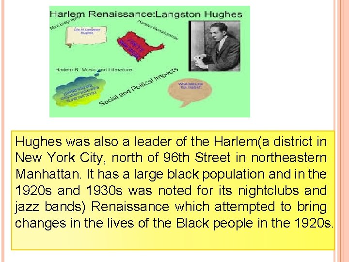 Hughes was also a leader of the Harlem(a district in New York City, north