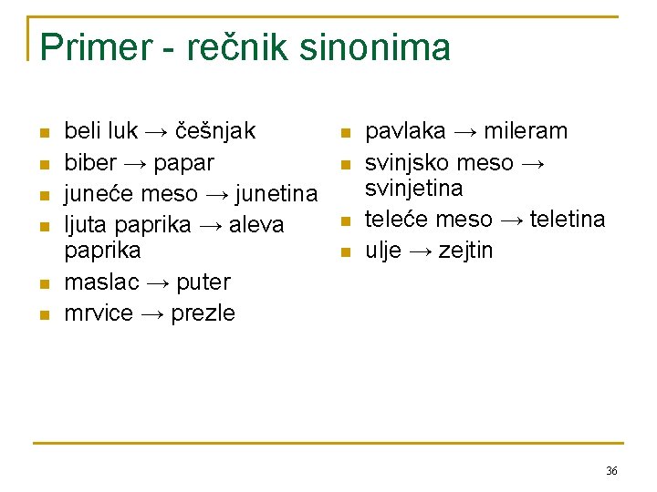 Primer - rečnik sinonima n n n beli luk → češnjak biber → papar