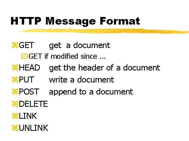 HTTP Message Format z. GET get a document y. GET if modified since. .
