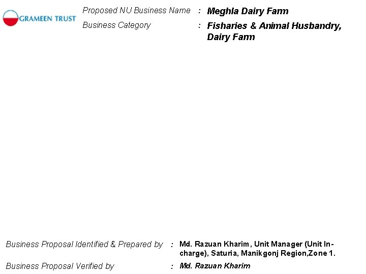 Proposed NU Business Name : Meghla Dairy Farm Business Category : Fisharies & Animal