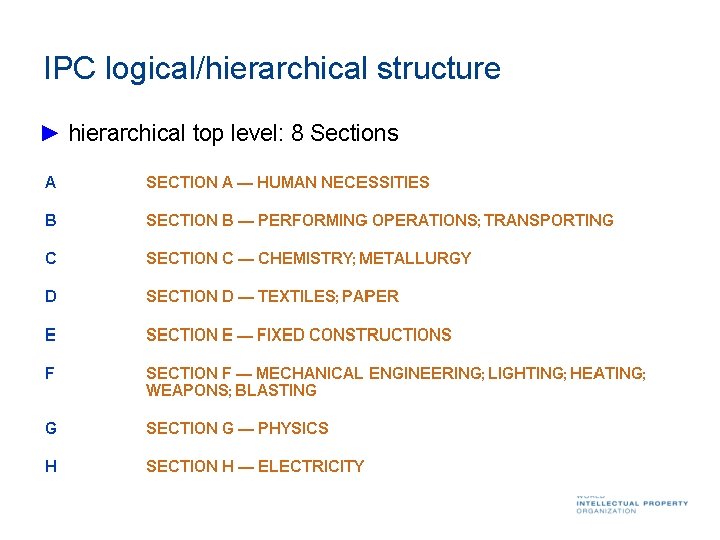 IPC logical/hierarchical structure ► hierarchical top level: 8 Sections 