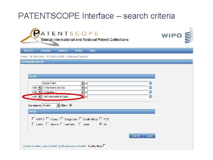 PATENTSCOPE Interface – search criteria 