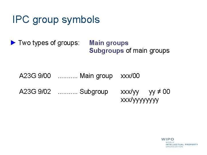 IPC group symbols ► Two types of groups: Main groups Subgroups of main groups