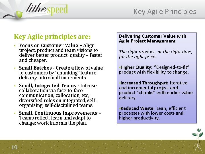 Key Agile Principles Key Agile principles are: • Focus on Customer Value – Align