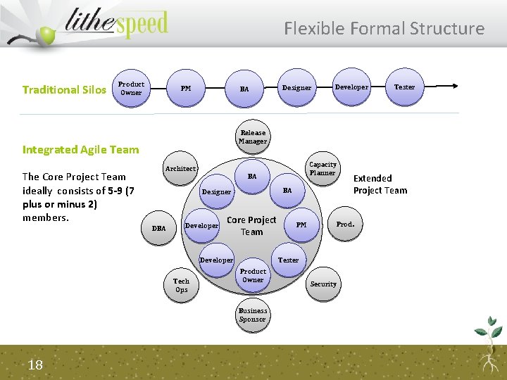 Flexible Formal Structure Traditional Silos Product Owner PM BA Architect BA Designer DBA Developer