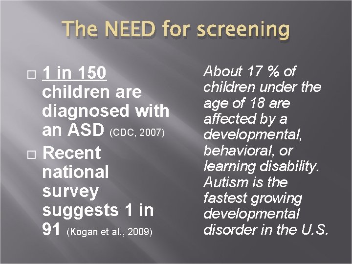 The NEED for screening 1 in 150 children are diagnosed with an ASD (CDC,