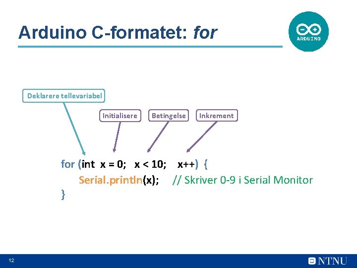 Arduino C-formatet: for Deklarere tellevariabel Initialisere Betingelse Inkrement for (int x = 0; x