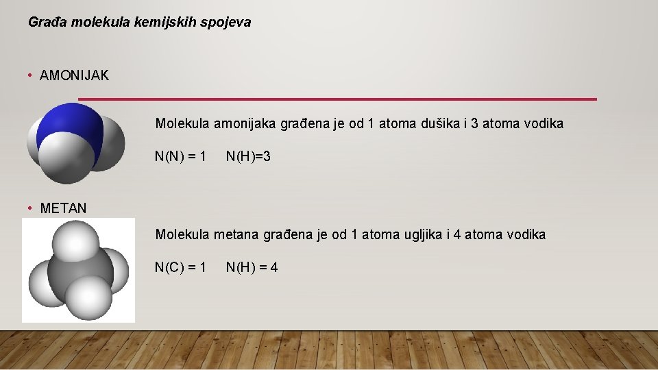 Građa molekula kemijskih spojeva • AMONIJAK Molekula amonijaka građena je od 1 atoma dušika