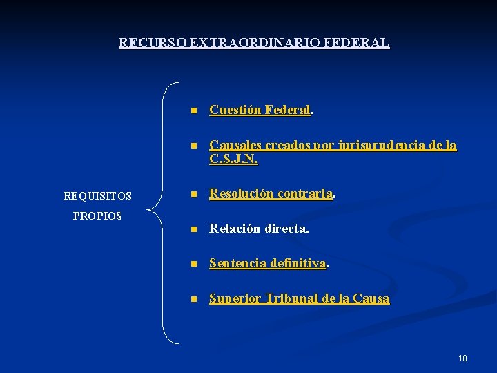 RECURSO EXTRAORDINARIO FEDERAL REQUISITOS n Cuestión Federal. n Causales creados por jurisprudencia de la