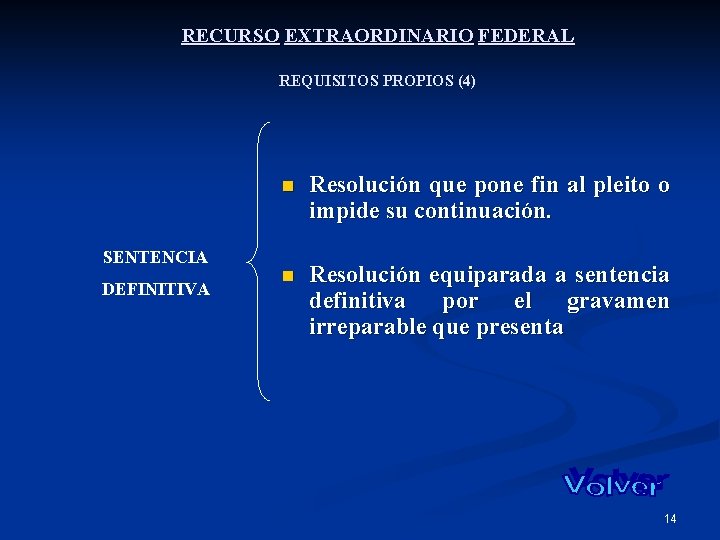 RECURSO EXTRAORDINARIO FEDERAL REQUISITOS PROPIOS (4) SENTENCIA DEFINITIVA n Resolución que pone fin al