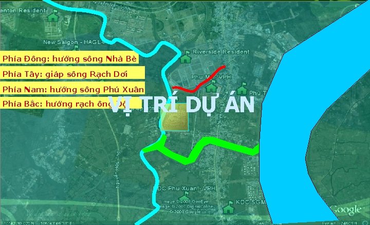 Phía Đông: hướng sông Nhà Bè Phía Tây: giáp sông Rạch Dơi Phía Nam: