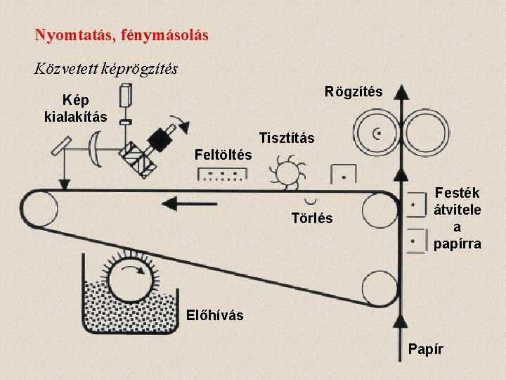 Nyomtatás, fénymásolás Közvetett képrögzítés Rögzítés Kép kialakítás Tisztítás Feltöltés Törlés Festék átvitele a papírra