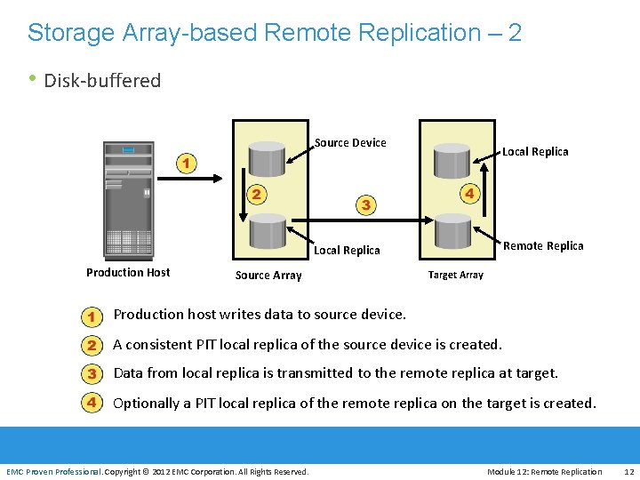 Storage Array-based Remote Replication – 2 • Disk-buffered Source Device Local Replica Remote Replica