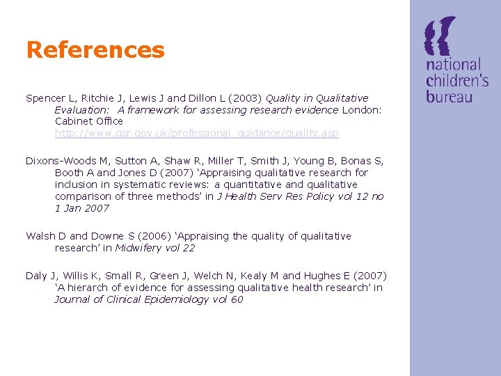 References Spencer L, Ritchie J, Lewis J and Dillon L (2003) Quality in Qualitative