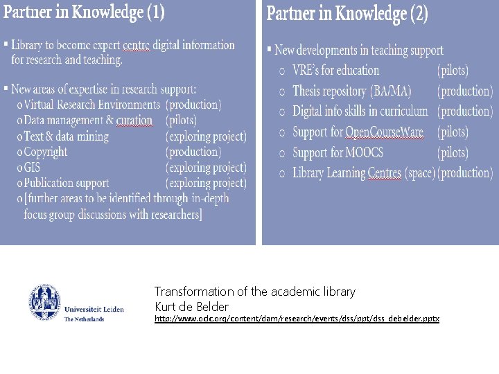 Transformation of the academic library Kurt de Belder http: //www. oclc. org/content/dam/research/events/dss/ppt/dss_debelder. pptx 36