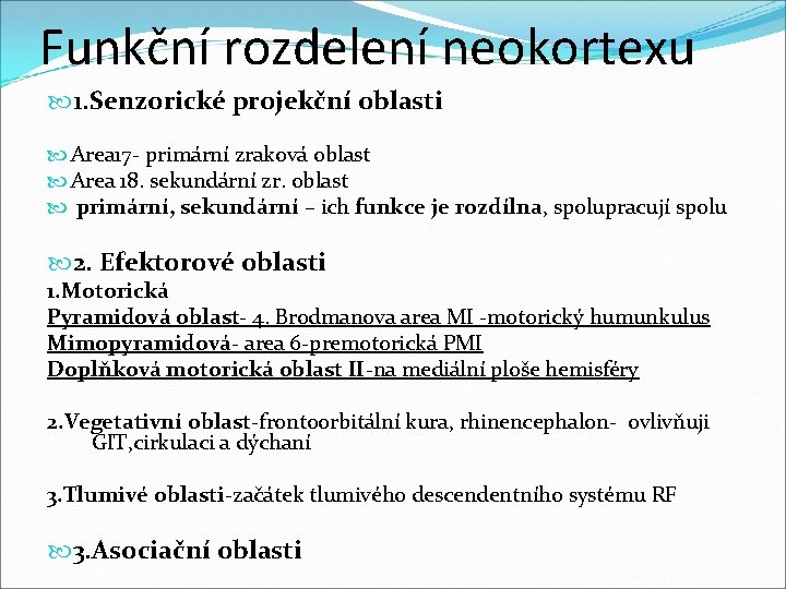 Funkční rozdelení neokortexu 1. Senzorické projekční oblasti Area 17 - primární zraková oblast Area