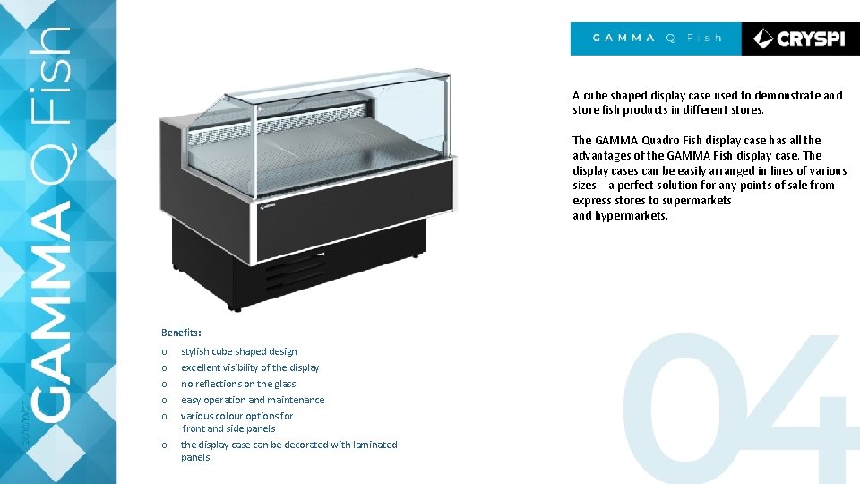 A cube shaped display case used to demonstrate and store fish products in different