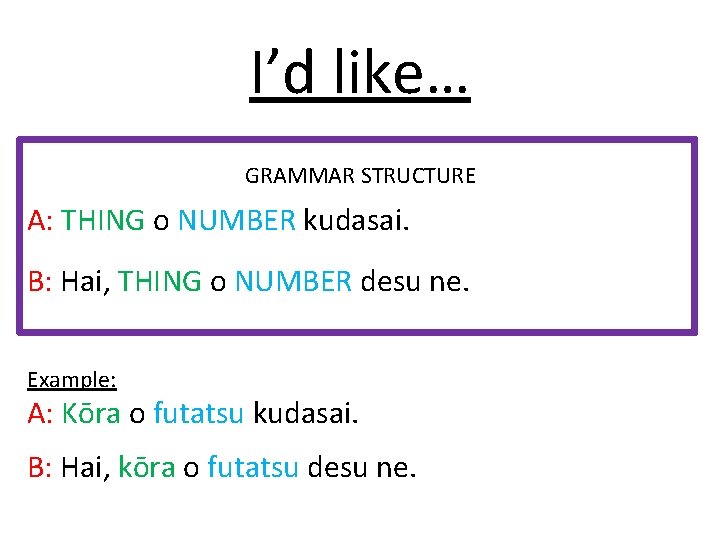 I’d like… GRAMMAR STRUCTURE A: THING o NUMBER kudasai. B: Hai, THING o NUMBER