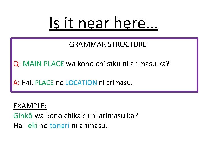 Is it near here… GRAMMAR STRUCTURE Q: MAIN PLACE wa kono chikaku ni arimasu