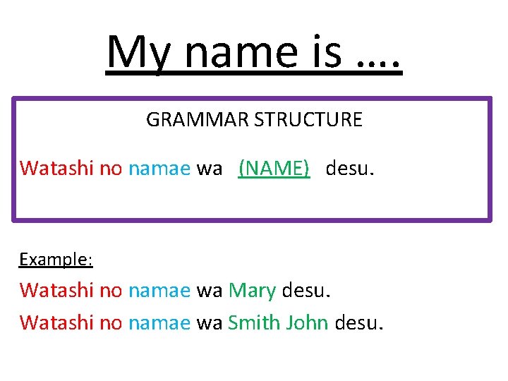 My name is …. GRAMMAR STRUCTURE Watashi no namae wa (NAME) desu. Example: Watashi