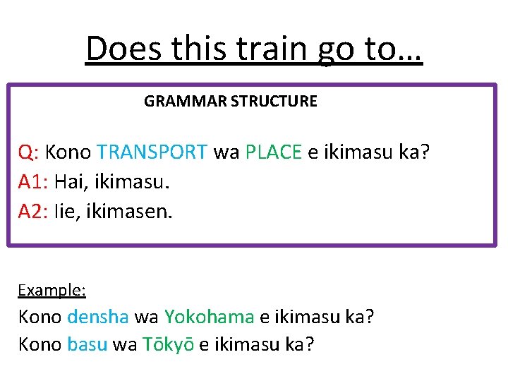 Does this train go to… GRAMMAR STRUCTURE Q: Kono TRANSPORT wa PLACE e ikimasu
