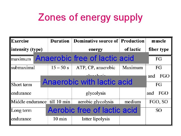 Zones of energy supply Anaerobic free of lactic acid Anaerobic with lactic acid Aerobic
