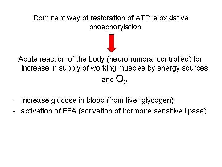 Dominant way of restoration of ATP is oxidative phosphorylation Acute reaction of the body