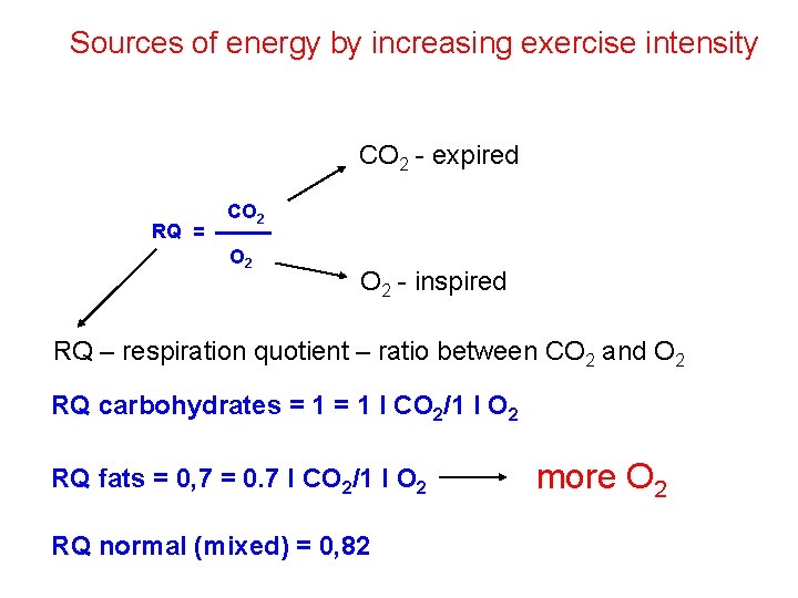 Sources of energy by increasing exercise intensity CO 2 - expired RQ = CO