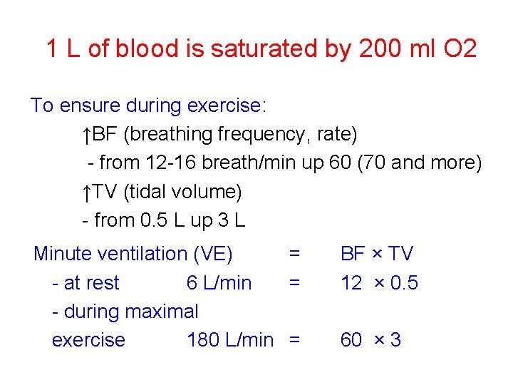 1 L of blood is saturated by 200 ml O 2 To ensure during