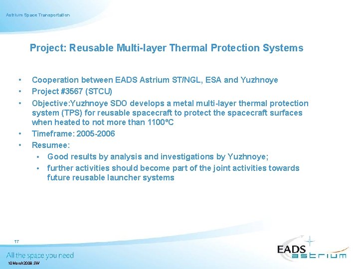 Astrium Space Transportation Project: Reusable Multi-layer Thermal Protection Systems • • • Cooperation between