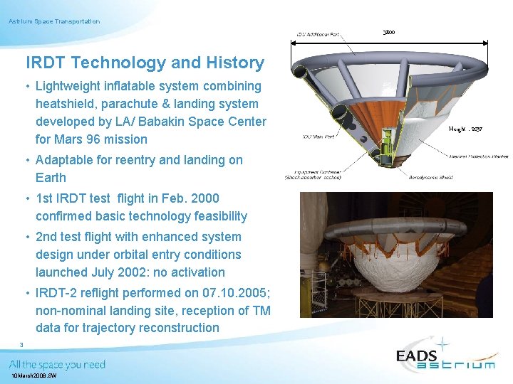 Astrium Space Transportation 3800 IRDT Technology and History • Lightweight inflatable system combining heatshield,