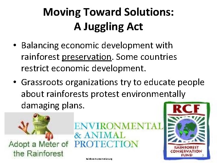 Moving Toward Solutions: A Juggling Act • Balancing economic development with rainforest preservation. Some