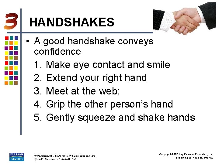 HANDSHAKES • A good handshake conveys confidence 1. Make eye contact and smile 2.