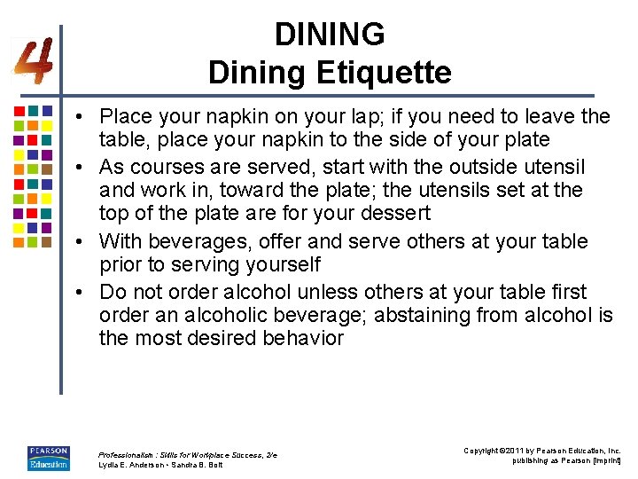 DINING Dining Etiquette • Place your napkin on your lap; if you need to