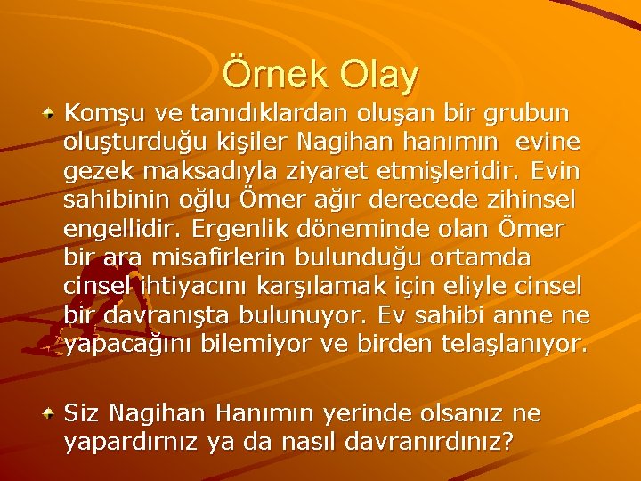 Örnek Olay Komşu ve tanıdıklardan oluşan bir grubun oluşturduğu kişiler Nagihan hanımın evine gezek