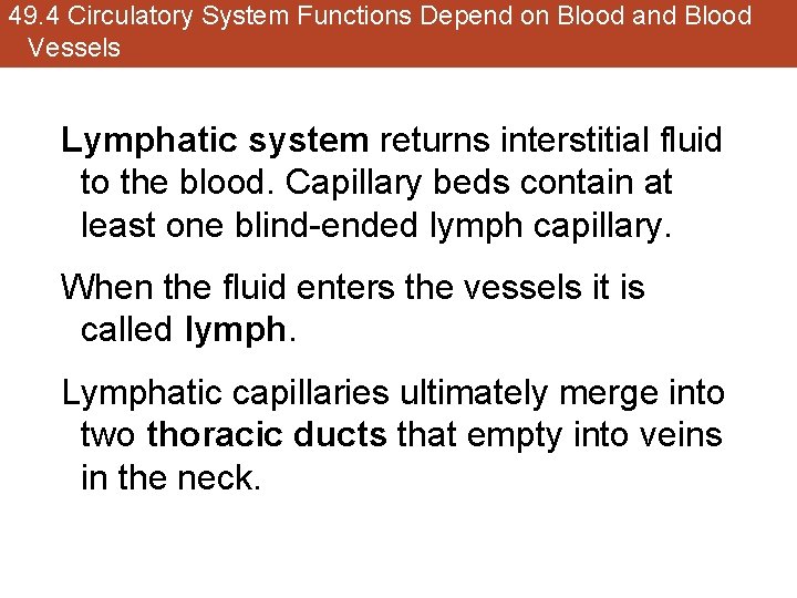 49. 4 Circulatory System Functions Depend on Blood and Blood Vessels Lymphatic system returns