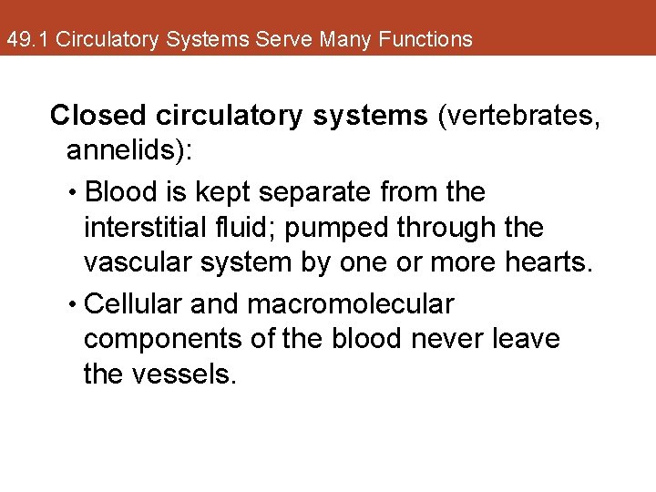 49. 1 Circulatory Systems Serve Many Functions Closed circulatory systems (vertebrates, annelids): • Blood