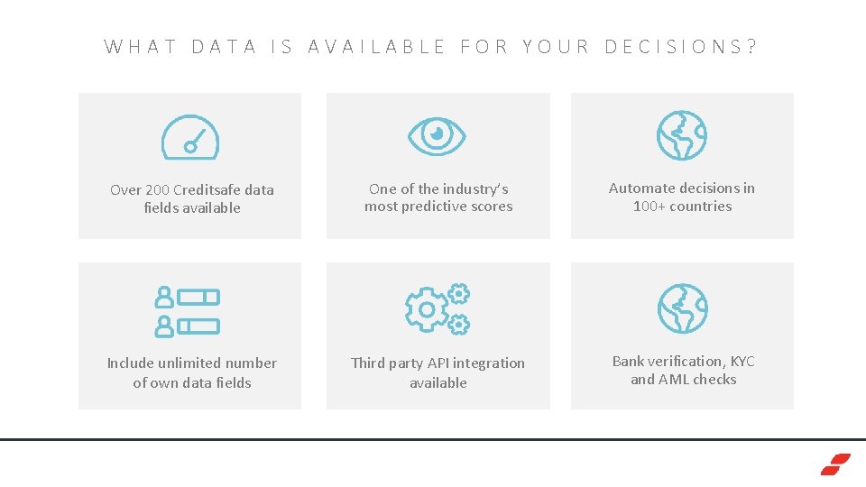 WHAT DATA IS AVAILABLE FOR YOUR DECISIONS? Over 200 Creditsafe data fields available One