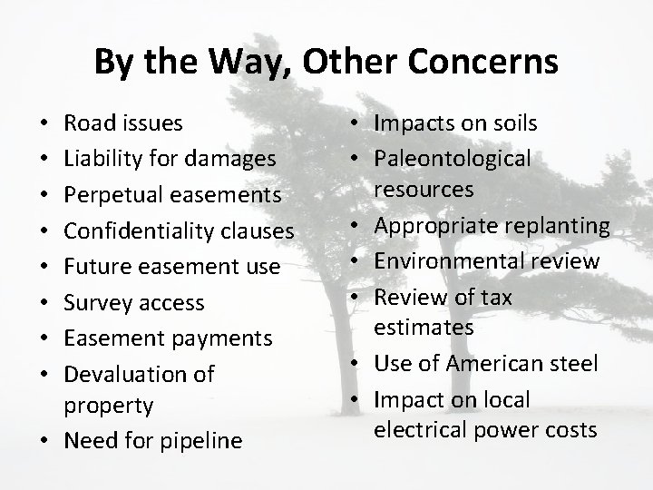 By the Way, Other Concerns Road issues Liability for damages Perpetual easements Confidentiality clauses