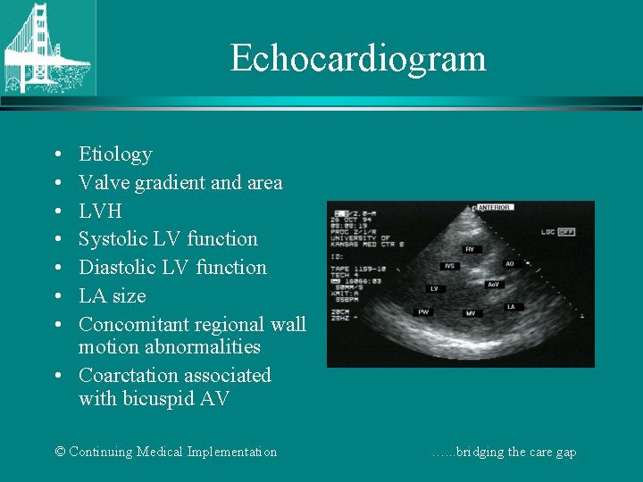 Echocardiogram • • Etiology Valve gradient and area LVH Systolic LV function Diastolic LV