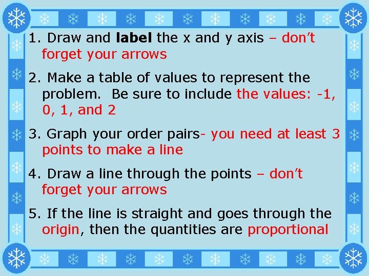 1. Draw and label the x and y axis – don’t forget your arrows