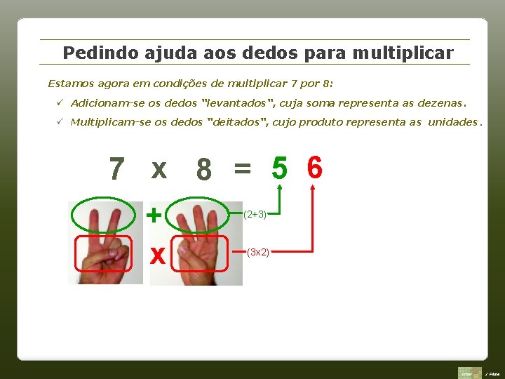 Pedindo ajuda aos dedos para multiplicar Estamos agora em condições de multiplicar 7 por