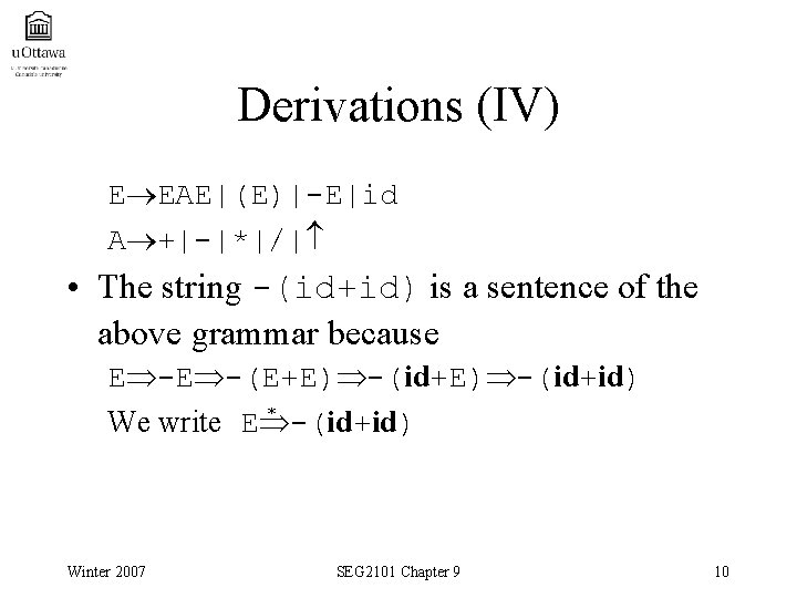 Derivations (IV) E EAE|(E)|-E|id A +|-|*|/| • The string -(id+id) is a sentence of