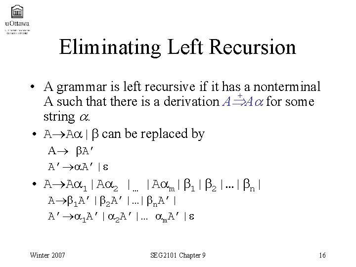 Eliminating Left Recursion • A grammar is left recursive if it has a nonterminal