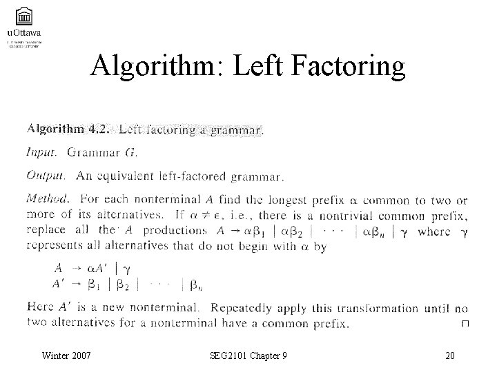 Algorithm: Left Factoring Winter 2007 SEG 2101 Chapter 9 20 