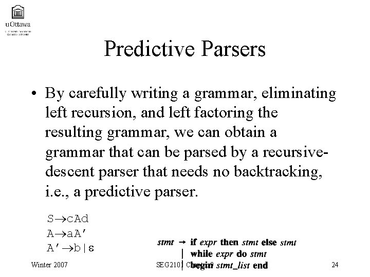 Predictive Parsers • By carefully writing a grammar, eliminating left recursion, and left factoring