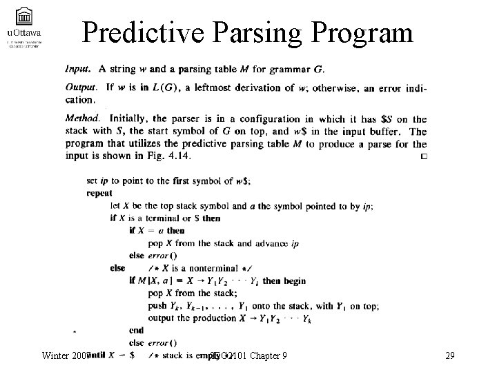 Predictive Parsing Program Winter 2007 SEG 2101 Chapter 9 29 