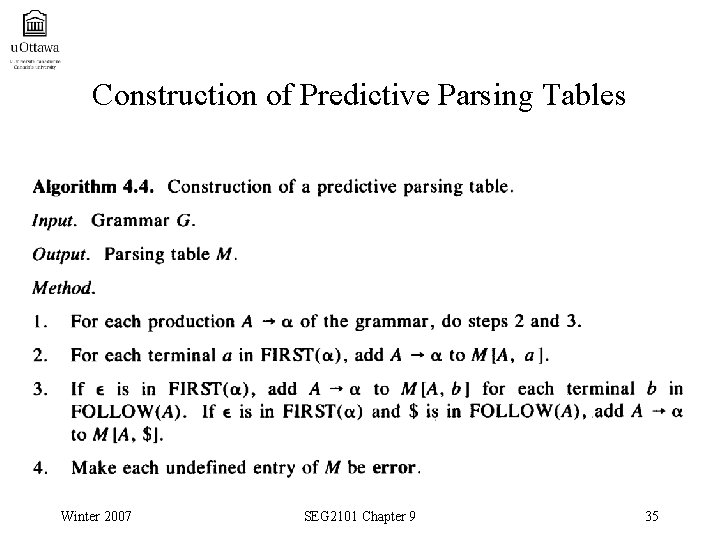 Construction of Predictive Parsing Tables Winter 2007 SEG 2101 Chapter 9 35 