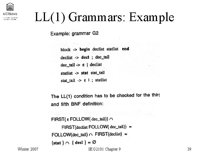 LL(1) Grammars: Example Winter 2007 SEG 2101 Chapter 9 39 