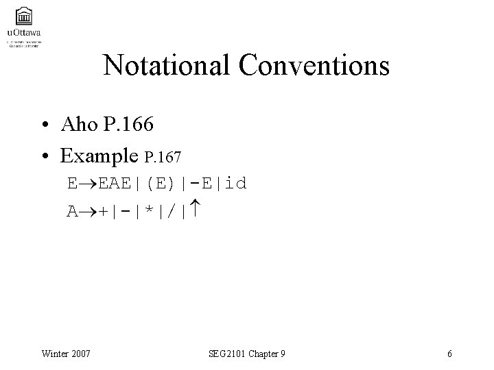 Notational Conventions • Aho P. 166 • Example P. 167 E EAE|(E)|-E|id A +|-|*|/|